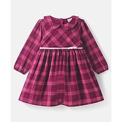 Babyhug Cotton Woven Full Sleeves Checks Frock With Peter Pan Collar & Stockings - Maroon