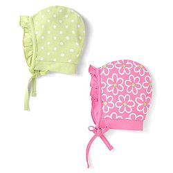 Babyhug 100% Cotton Knit Tie Knot Bonnet Cap Floral & Polka Dot Print Pack of 2 - Pink & Light Green