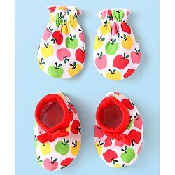 Babyhug 100% Cotton Mittens & Booties Set with Apple Print - White