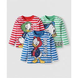 Babyhug Disney Single Jersey Knit Full Sleeves Striped T-Shirts With Donal Duck Graphics Pack of 3 - Red Blue & Green
