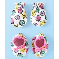 Babyhug 100% Cotton Knit Mittens & Booties with Sea Life Prints & Bow Applique - White