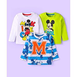 Babyhug Disney Single Jersey Knit Full Sleeves T-Shirts With Mickey Mouse Graphics Pack of 3 - White & Blue