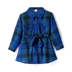Babyhug Cotton Woven Full Sleeves Checkered Collared Frock with Leggings - Blue