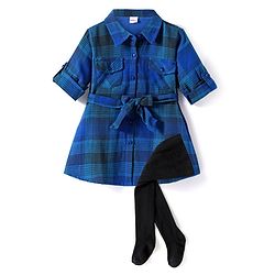 Babyhug Cotton Woven Full Sleeves Checkered Collared Frock with Leggings - Blue
