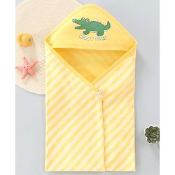 Babyhug Cotton Knit Hooded Wrapper with Crocodile Print & Stripes L 76 x B 76 cm - Yellow