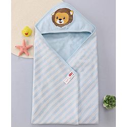 Babyhug Terry Knit Hooded Wrapper with Stripes & Lion Print L 76 x B 76 cm - Light Blue