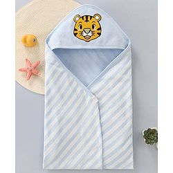 Babyhug Cotton Knit Hooded Wrapper with Tiger Print L 76 x B 76 cm - Light Blue