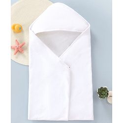 Babyhug Cotton Knit Solid Hooded Wrapper L 76 x B 76 cm - White