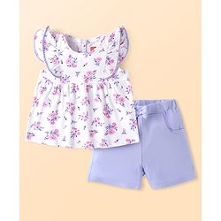 Babyhug Single Jersey Knit Cap Sleeves Floral Printed Top & Shorts Set - White & Purple