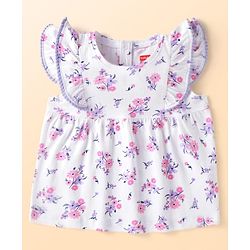 Babyhug Single Jersey Knit Cap Sleeves Floral Printed Top & Shorts Set - White & Purple