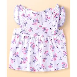Babyhug Single Jersey Knit Cap Sleeves Floral Printed Top & Shorts Set - White & Purple