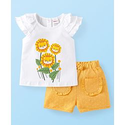 Babyhug Single Jersey Knit Frill Sleeves Floral Printed Top & Shorts Set - White & Yellow