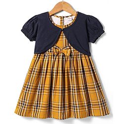 Babyhug Cotton Woven Checkered Frock with Half Puffed Sleeves Solid Shrug & Bow Applique - Yellow & Navy Blue