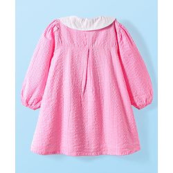 Babyhg Cotton Woven Full Sleeves Striped Frock With Peter Pan Collar & Bloomer - Pink