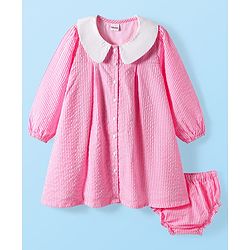 Babyhg Cotton Woven Full Sleeves Striped Frock With Peter Pan Collar & Bloomer - Pink