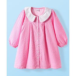 Babyhg Cotton Woven Full Sleeves Striped Frock With Peter Pan Collar & Bloomer - Pink