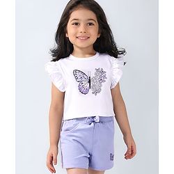 Babyhug Single Jersey Knit Sleeveless Top & Shorts Set with Butterfly & Floral Print - White & Purple