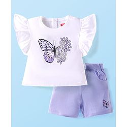 Babyhug Single Jersey Knit Sleeveless Top & Shorts Set with Butterfly & Floral Print - White & Purple