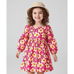 Babyhug Cotton Woven Half Sleeves Frock With Floral Print & Bow Applique - Dark Pink