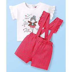 Babyhug Single Jersey Knit Half Sleeves Top & Shorts Set With Polka Dot Print & Suspender - White & Pink