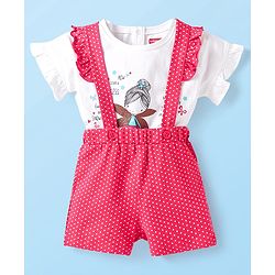 Babyhug Single Jersey Knit Half Sleeves Top & Shorts Set With Polka Dot Print & Suspender - White & Pink
