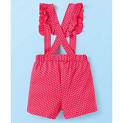 Babyhug Single Jersey Knit Half Sleeves Top & Shorts Set With Polka Dot Print & Suspender - White & Pink