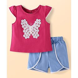 Babyhug Slub Jersey Knit Sleeveless  Cap Sleeves Top & Denim Shorts with Butterfly Embroidery - Dark Pink & Blue