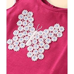 Babyhug Slub Jersey Knit Sleeveless  Cap Sleeves Top & Denim Shorts with Butterfly Embroidery - Dark Pink & Blue