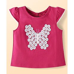 Babyhug Slub Jersey Knit Sleeveless  Cap Sleeves Top & Denim Shorts with Butterfly Embroidery - Dark Pink & Blue