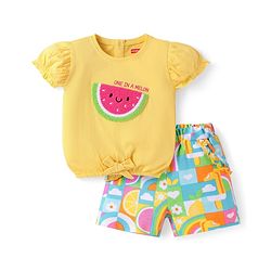 Babyhug Single Jersey Knit Half Puffed Sleeves Top & Shorts with Embroidered Watermelon - Yellow