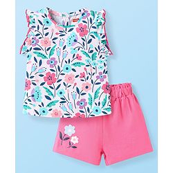 Babyhug Single Jersey Knit Sleeveless Top & Shorts Set With Floral Print - White & Pink
