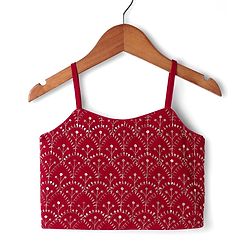 Babyhug Woven Singlet Sleeves Choli Lehenga Set With Glitter Print Sequinned Detailing & Dupatta - Dark Red & Yellow