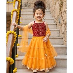 Babyhug Woven Singlet Sleeves Choli Lehenga Set With Glitter Print Sequinned Detailing & Dupatta - Dark Red & Yellow