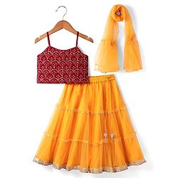 Babyhug Woven Singlet Sleeves Choli Lehenga Set With Glitter Print Sequinned Detailing & Dupatta - Dark Red & Yellow