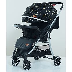 Babyhug Travel Compact Baby Stroller with Food Tray Reversible Handle Adjustable Backrest & Canopy - Black