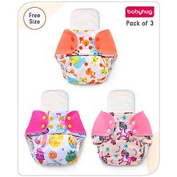 Babyhug Free Size Reusable Cloth Diaper With Inserts & Contrast Flap Pack of 3 - Pink & Orange