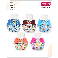 Babyhug Free Size Reusable Cloth Diaper With Inserts & Contrast Flap Pack of 5 - Multicolour