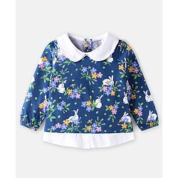 Babyhug Cotton Knit Full Sleeves Top With Floral Print & Peter Pan Collar - Navy Blue