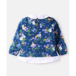 Babyhug Cotton Knit Full Sleeves Top With Floral Print & Peter Pan Collar - Navy Blue
