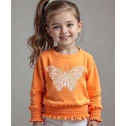 Babyhug Cotton Knit Full Sleeves Top With Butterfly Print & Smocking Detailing - Orange
