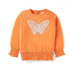 Babyhug Cotton Knit Full Sleeves Top With Butterfly Print & Smocking Detailing - Orange