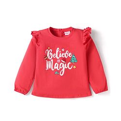Babyhug Cotton Knit Full Peasant Sleeves Believe in Magic Printed Top with Frill Detailing - Red