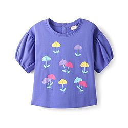 Babyhug Cotton Knit Half Puffed Sleeves Top With Floral Print - Blue