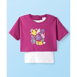 Babyhug Cotton Knit Half Drop Down Shoulder T-Shirt with Vest Sequinned Floral Detailing - Purple