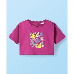 Babyhug Cotton Knit Half Drop Down Shoulder T-Shirt with Vest Sequinned Floral Detailing - Purple