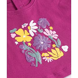 Babyhug Cotton Knit Half Drop Down Shoulder T-Shirt with Vest Sequinned Floral Detailing - Purple