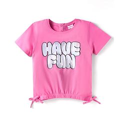 Babyhug Cotton Knit Half Sleeves Tops with Text Print & Knot Detailing - Pink