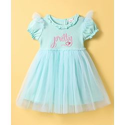 Babyhug Cotton Woven Half Puffed Sleeves Mesh Frock with Text Embroidery - Aqua Blue