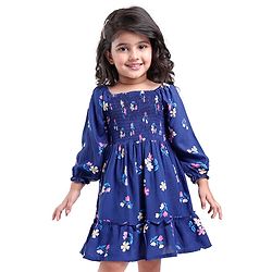 Babyhug Cotton Woven Full Peasant Sleeves Frock with Floral Print & Smocking - Navy Blue