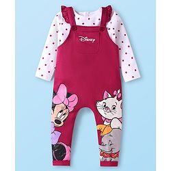 Babyhug Disney Terry Knit Dungaree & Full Sleeves T-Shirt With Disney Characters Graphics & Polka Dot Print - Fuchsia & White
